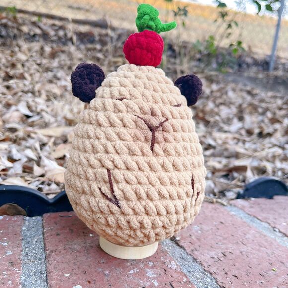 Capybara Crochet Plush | Chenille Amigurumi Capybara with Cherry Hat | Desk Gift - Picture 5 of 5